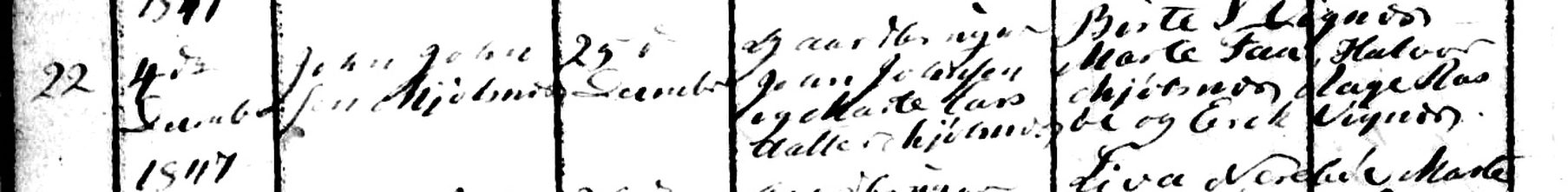 Handwritten church register row: entry 22, 4 December 1847, John Johnsen Mjølsnes, baptised 25 December, parents farmer John Johnsen and Marte Larsdatter of Mjølsnes